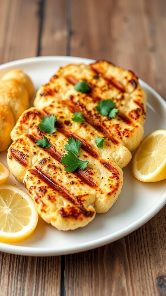 Grilled cauliflower steak garnished with parsley and lemon wedges on a rustic table.